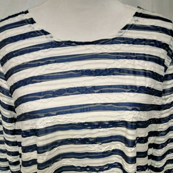 Cathy Daniels Blue White Striped Sheer Tulle Detail Scoop Neck Long Sleeve Top - Picture 2 of 8